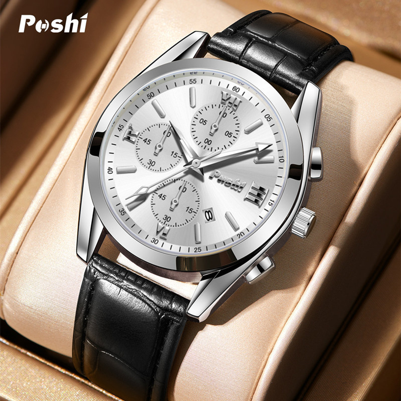 POSHI brand fashion Men's quartz watch high-end business waterproof watch genuine leather men's waterproof watch