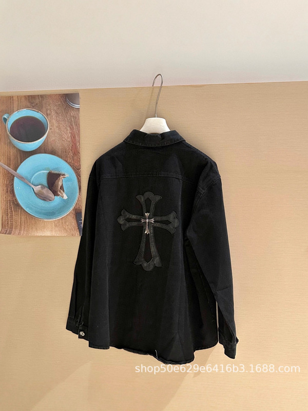 25早春新款ch时髦胸前口袋刺绣图案后背logo设计水洗做旧牛仔衬衫|undefined