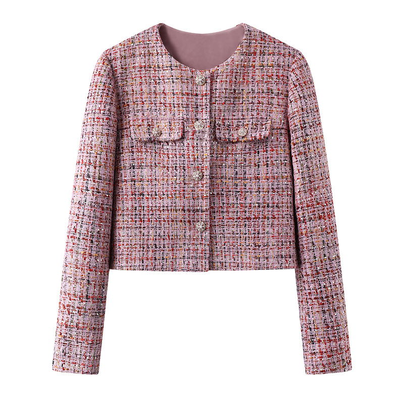 Batch of Chanel Style Pink Tweed Top Spring and Autumn New Elegant All-match Slimming Round Neck Long-sleeved Short Coat Women