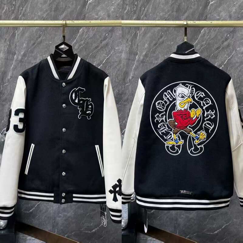 25Ss Cross-Border High Version Ch Crow Sanskrit Cross Woolen Leather Sleeve Splicing Baseball Embroidered Cotton Jacket