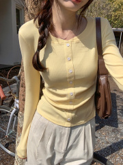 黄色U领排扣螺纹长袖T恤女春秋季小个子打底衫修身显瘦设计感上衣