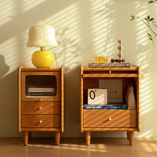 Solid Wood Bedside Table Ultra-Narrow Size Cherry Wood Nordic Japanese Style Simple Small Very Narrow Bedside Storage Cabinet