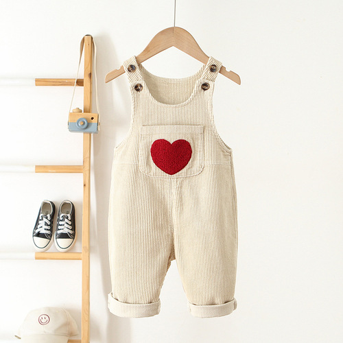 Children's clothing 2024 new children's overalls Korean style corduroy overalls for boys and girls love embroidered jumpsuits