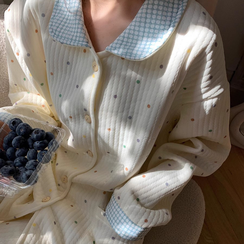 2024 새로운 가을과 겨울 코튼 따뜻한 잠옷 여성용 달콤한 컬러 폴카 닷 긴 소매 세트 두꺼운 따뜻한 집 옷