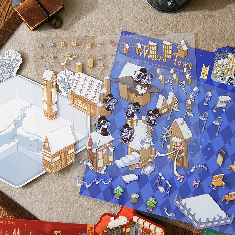 Muye 3D estereoscópico paisajismo de la cabaña Magus es una serie de gatos tema pegatinas DIY hechas a mano