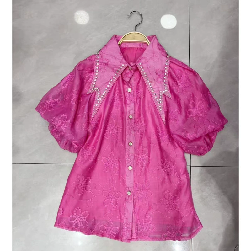 Кружевная тяжелая промышленность, новый летний топ с бриллиантами 2025, элегантная рубашка с пышными рукавами, женская облегающая рубашка