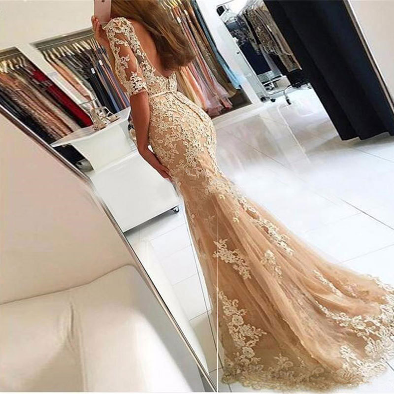 El Comercio exterior europeo y americano Amazon AliExpress desea vestido de noche de las mujeres sexy encaje de cola de pez vestido elegante de manga media image 2