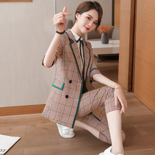 格子西装外套女2021春季韩版气质中袖二件套女职场休闲工作服