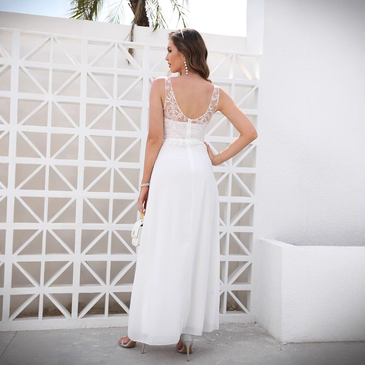 Nuevo vestido de novia princesa Amazon transfronteriza Slim-Fit elegante encaje blanco largo sexy vestido de noche