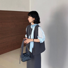 白枕鹤灰色西装裙套装浅蓝微透衬衫女春秋马甲半身裙打底衫三