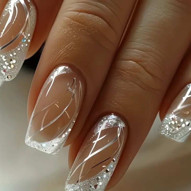 Medium and long European square nail art silver line French geometric wearable nail glitter fake nail removable wholesale