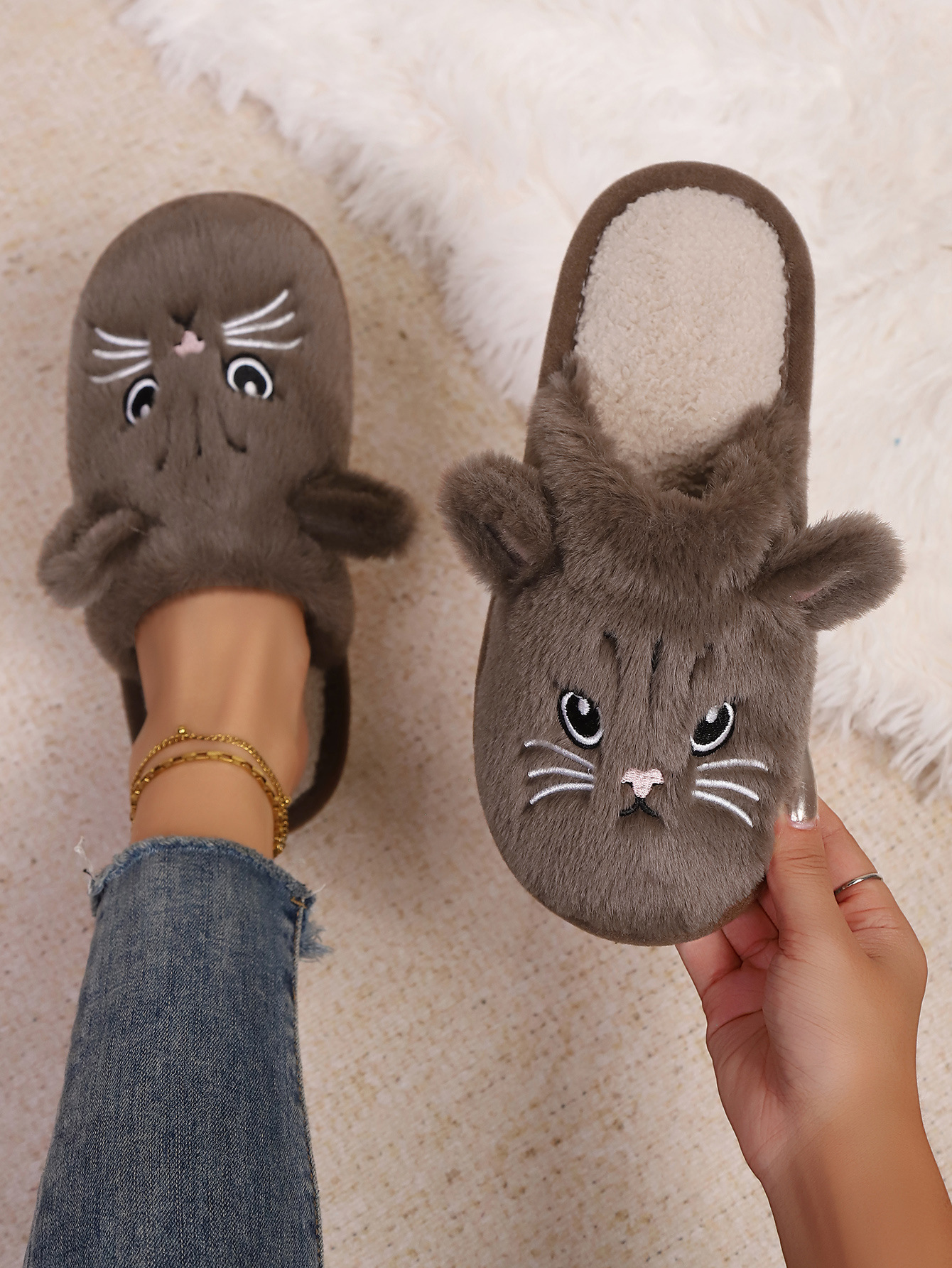 Baotou transfronterizo damas otoño invierno interior y exterior soleas cálidas de peluche zapatillas de algodón zapatillas de espuma EVA suela