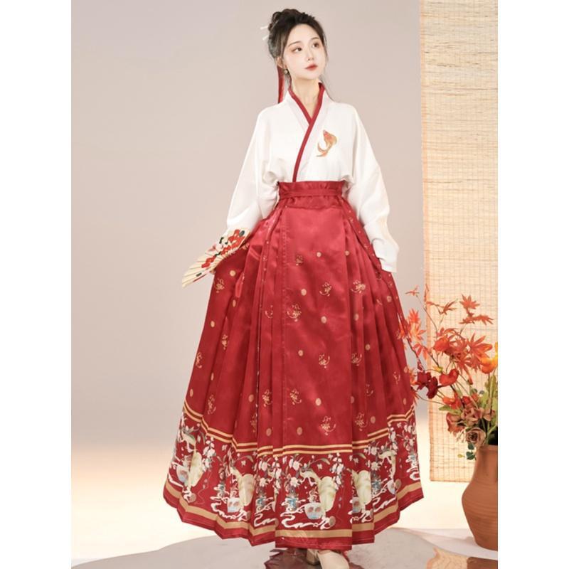 Hanfu for adult women, available in ten colors, waist-high horse-face skirt, everyday style, Han-element outfit, horse-face skirt set for women
