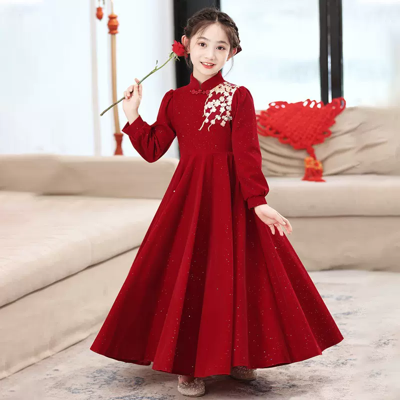 女童礼服高端红色连衣裙中式花童婚礼小女孩生日公主裙钢琴演出服