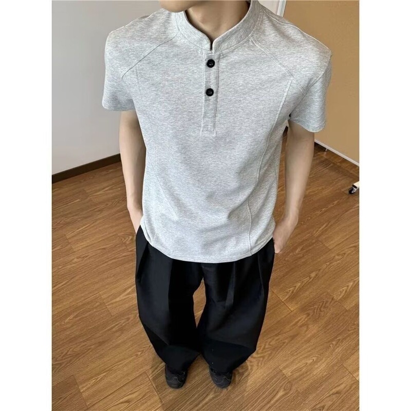Henry Collar Short-Sleeved Shirt for Men, American Retro Deconstructed Style, Summer Slim-Fit Half-Sleeved Shirt Henry Collar Short-Sleeved Shirt for Men, American Retro Deconstructed Style, Summer Slim-Fit Half-Sleeved Shirt