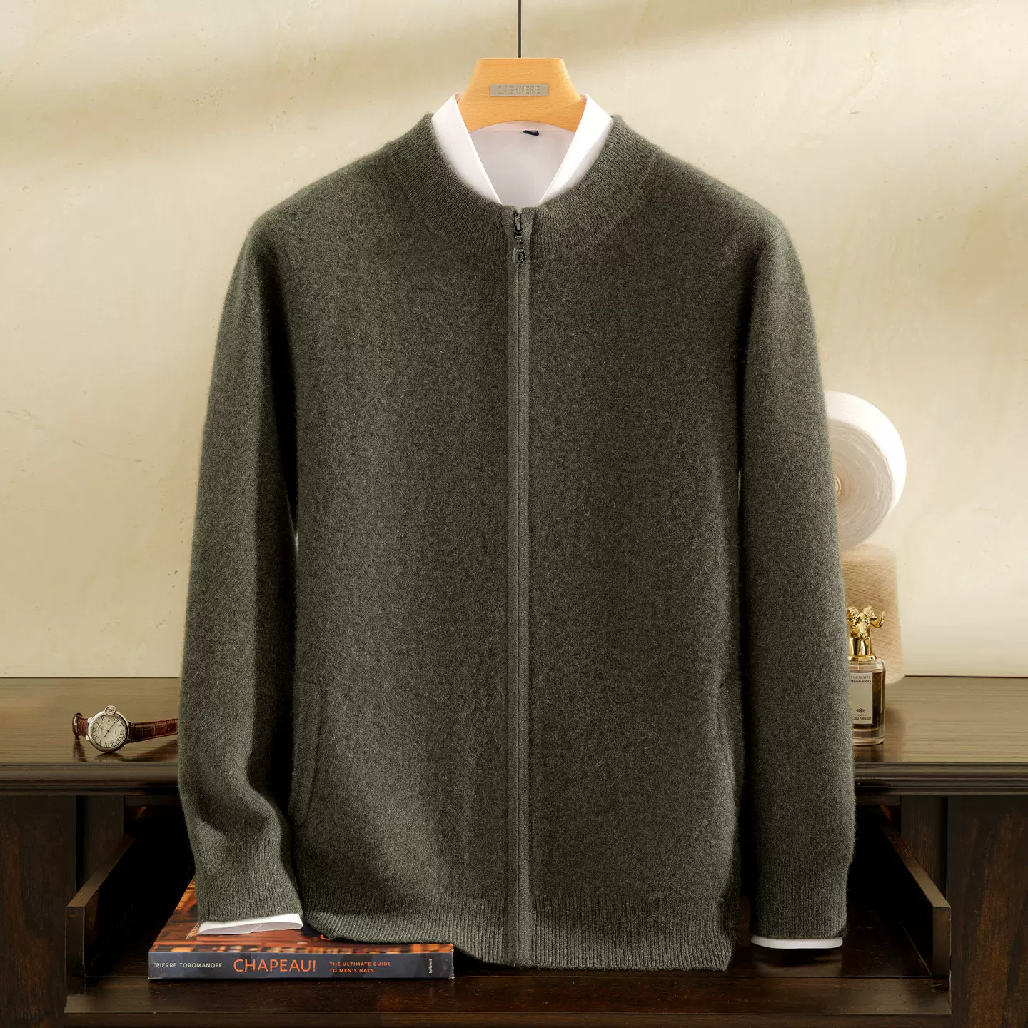 重磅加厚空气层羊绒衫男士100%纯山羊绒拉链开衫轻奢简约纯色外套