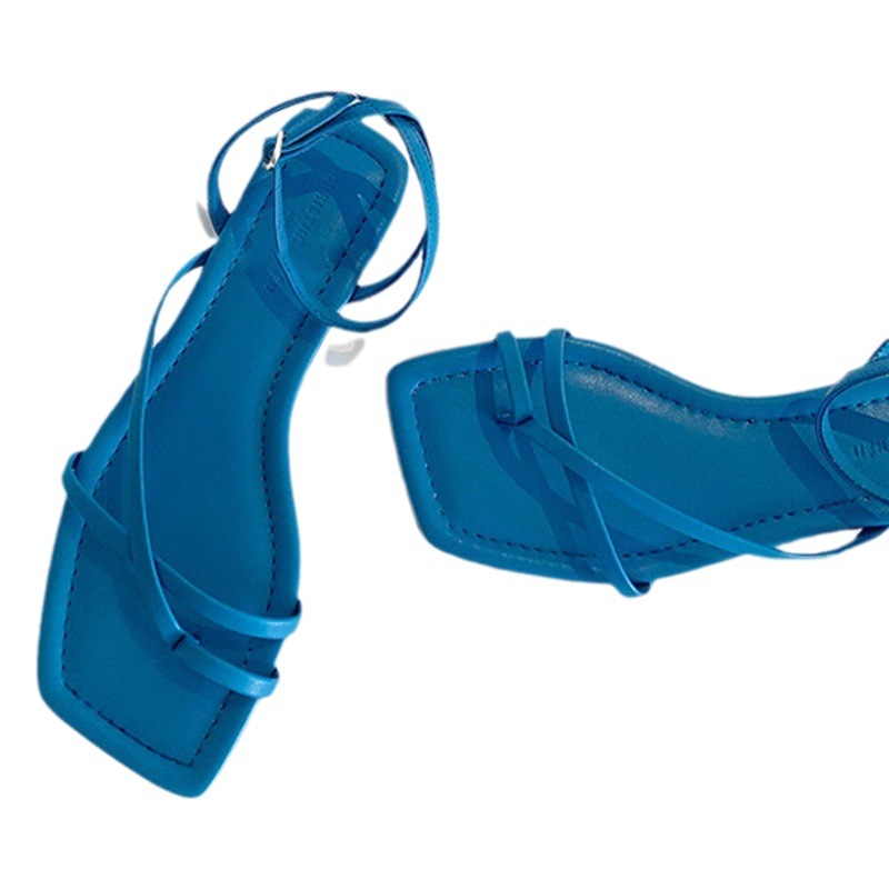 Sandalias planas azules estilo resort de verano 2024, estilo coreano, punta cuadrada, con tiras cruzadas, estilo romano, sin cordones, para mujer.