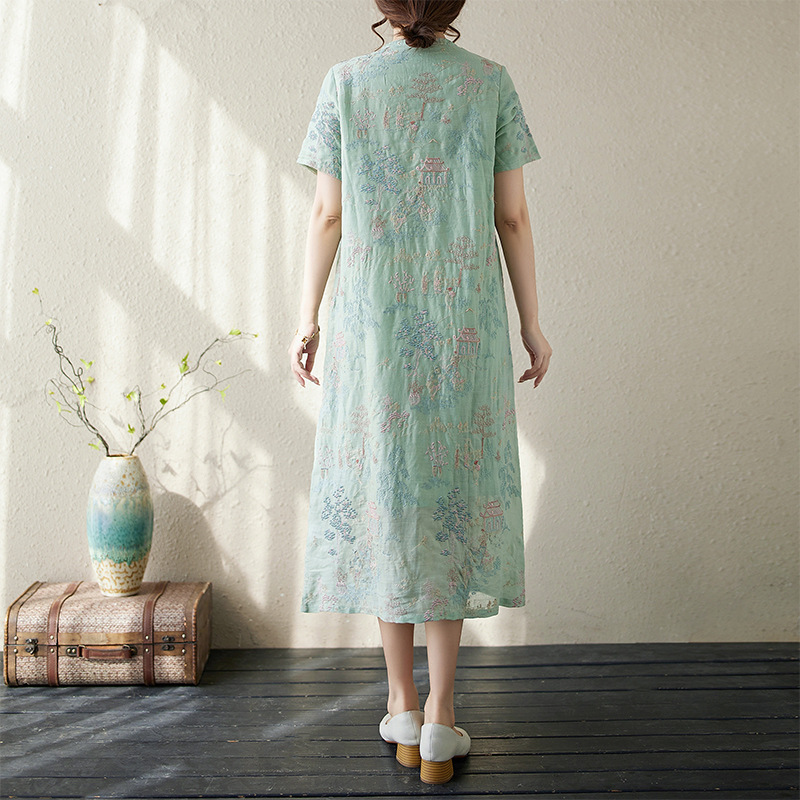 Neues, modernisiertes Cheongsam im chinesischen Stil mit hochwertigem Touch, Sommerkleid 2026 aus besticktem Baumwoll-Leinen-Gemisch_voghion.com