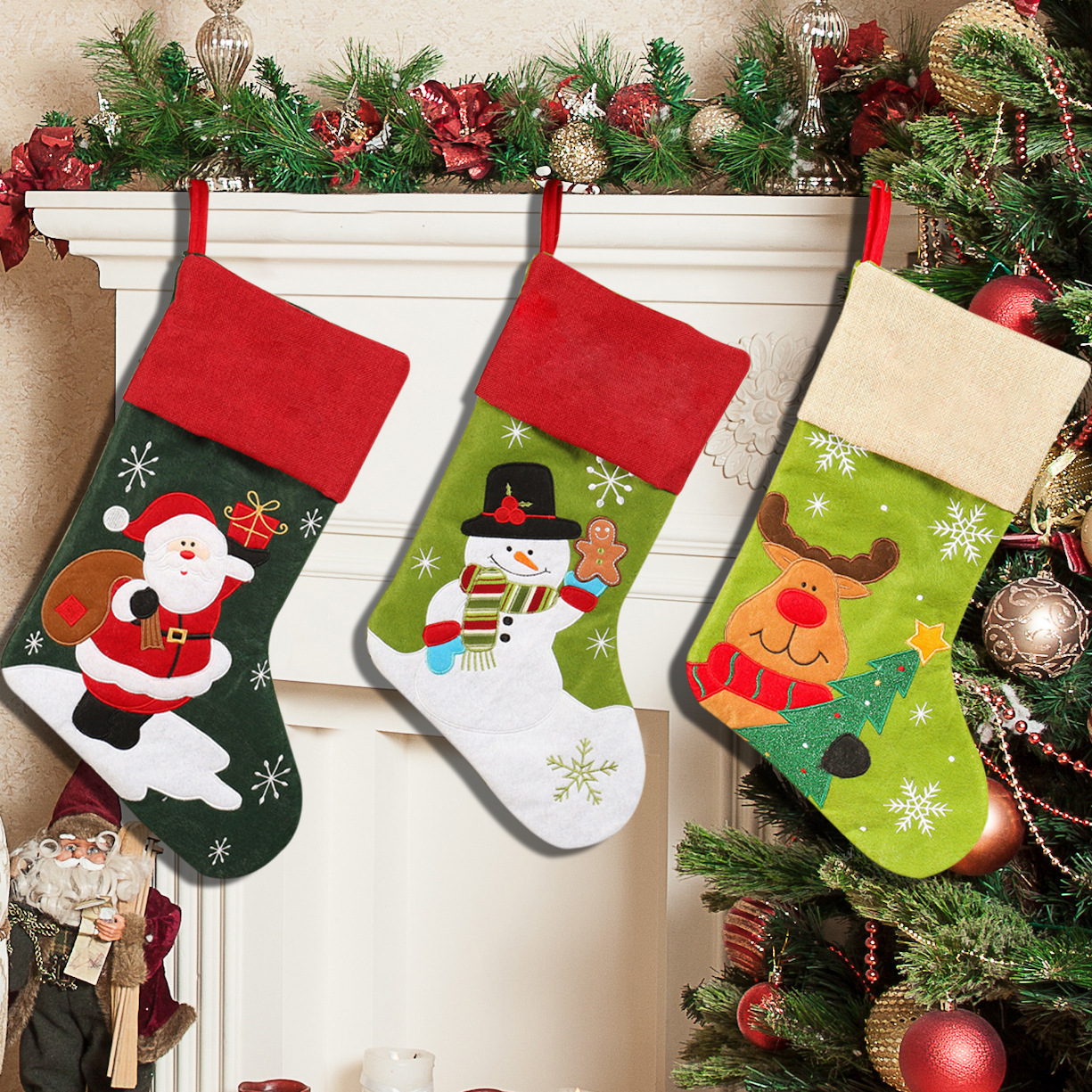 Nuevas bolsas de regalo de calcetines de Navidad transfronterizas lino Papá Noel bordado calcetines de Navidad bolsas de regalo de dulces de Navidad para niños