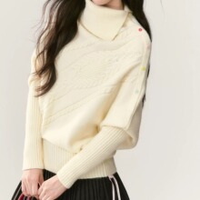 慵懒松弛感针织衫女秋冬宽松加厚斗篷上衣蝙蝠袖保暖彩扣翻领毛衣