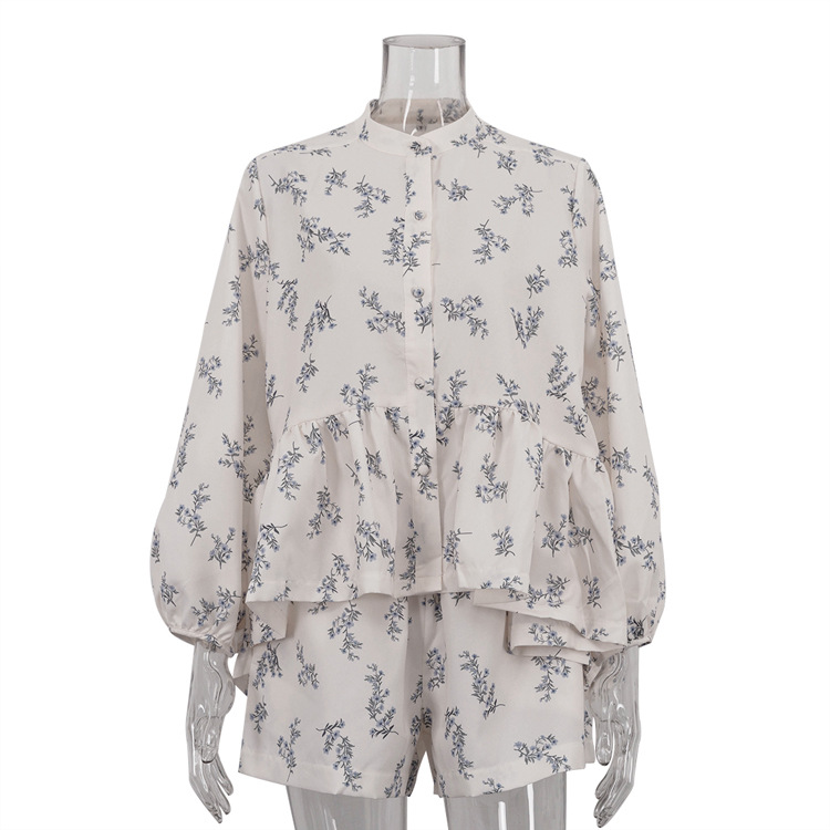 French Classic Skirt Puff Sleeve Small Turtleneck Ruffled Puffy Shirt Printed Shorts Suit