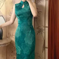 8531 # домашний новый китайский стиль изумрудный большой цветок без рукавов Cheongsam платье изумрудный цветок