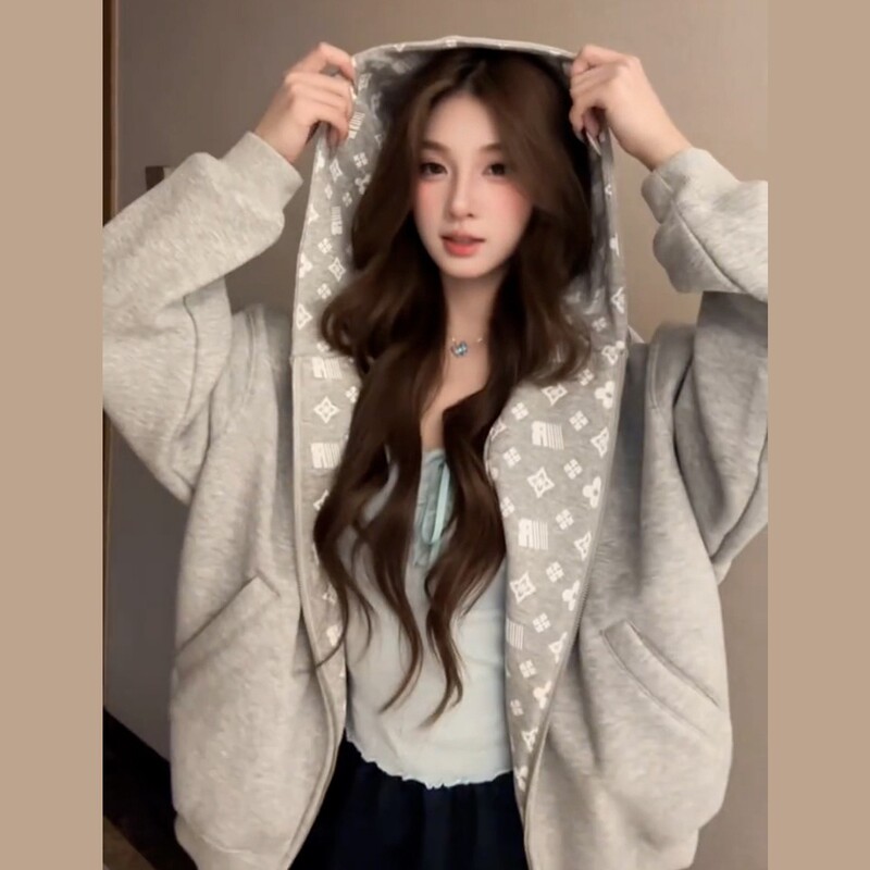 美式复古灰色开衫连帽卫衣女 2025早秋季宽松慵懒风拉链卫衣外套|undefined