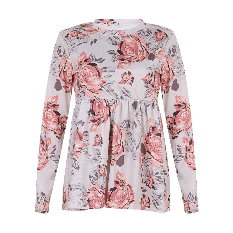 flower printing long-sleeved round neck top NSKX36811
