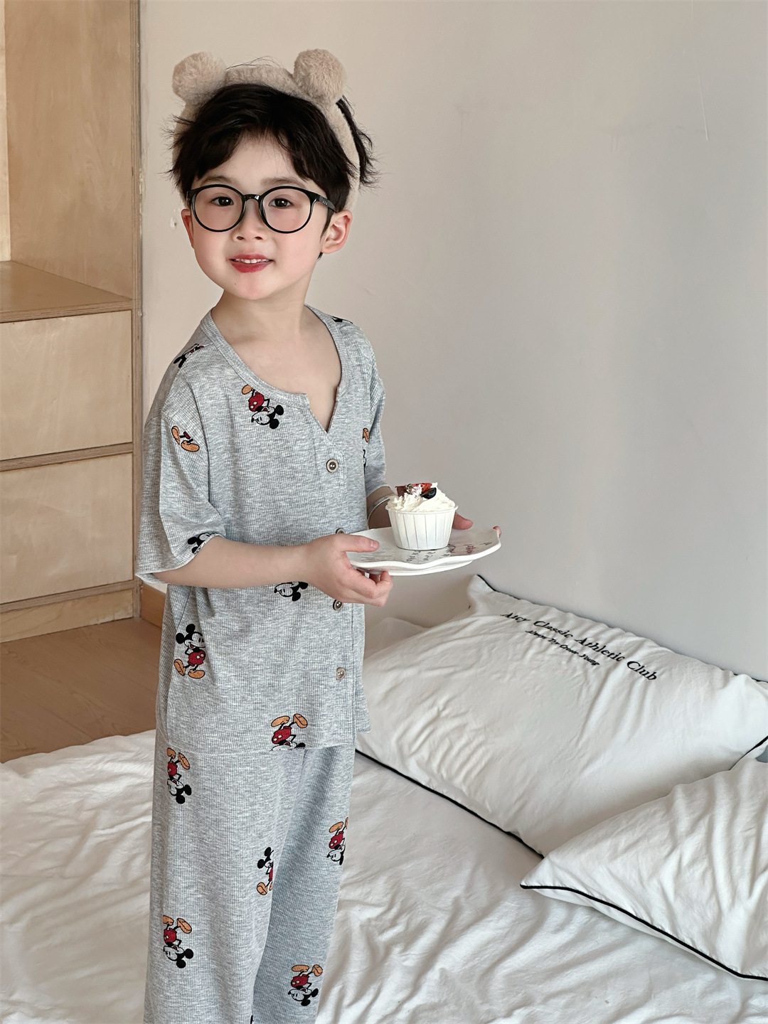 儿童夏季a类睡衣薄款短袖亲子男女童莫代尔家居服套装卡通图案