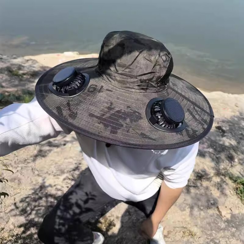 跨境太阳能风扇大帽檐帽子男户外遮阳防晒帽夏季太阳帽登山渔夫帽|undefined