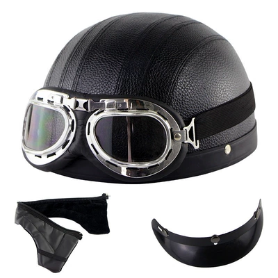 Factory direct motorcycle electric car Harley Motosiklet kaskı (dəbilqə) - black-leather-helmet-harley-goggles-detachable-scarf