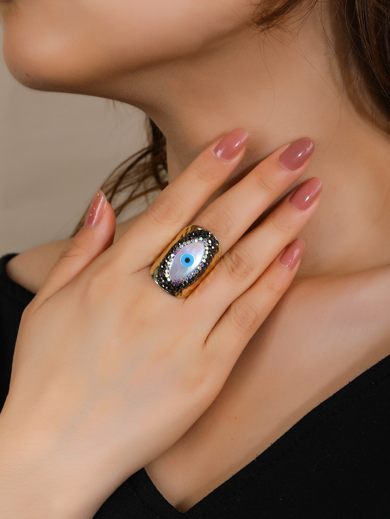 Ig Style Devil's Eye Ferroalloy Plating Inlay Rhinestones Shell 14k Gold Plated Women's Open Rings display picture 2