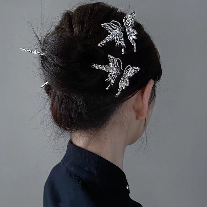 Metal líquido mariposa horquilla simple de alto grado sentido nicho ins estilo diamante-incrustado pelo updo artefacto exquisito diseño accesorios para el cabello