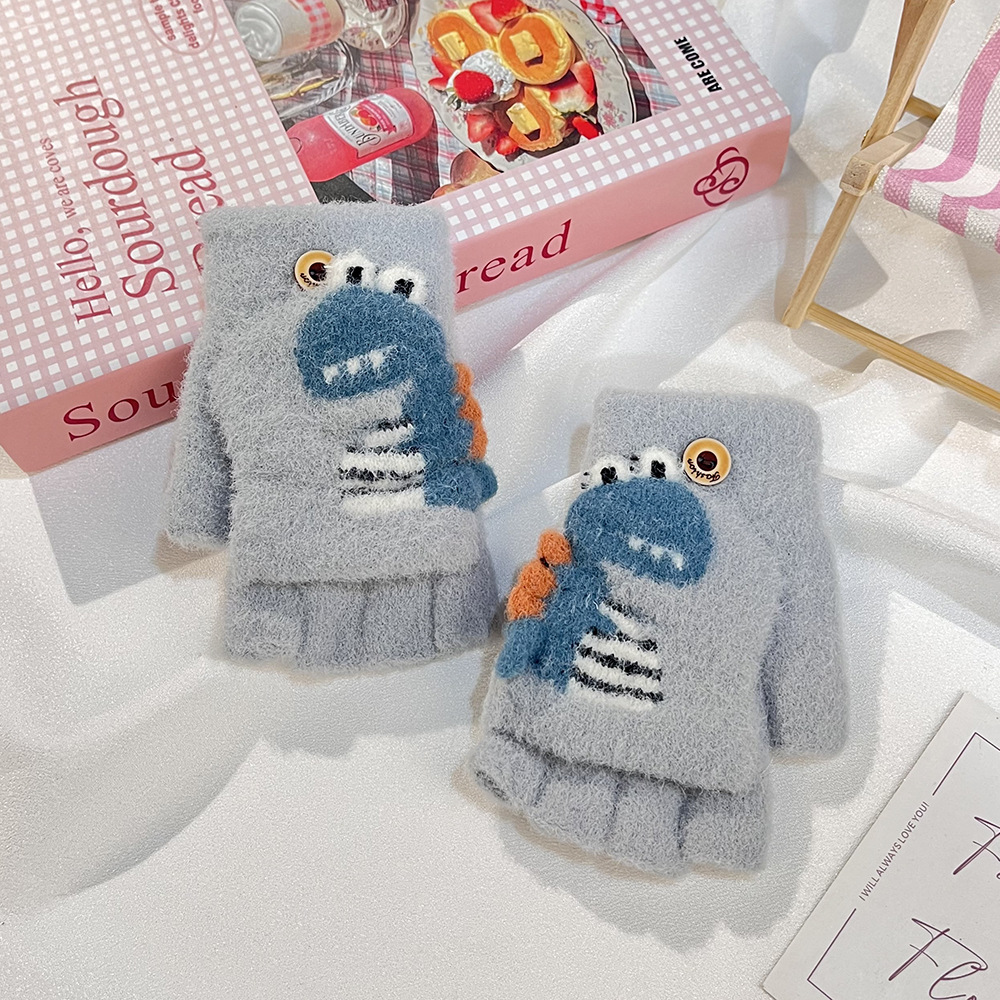 Impresión de dibujos animados coreanos dinosaurios guantes de niños lindos ociosos tejidos gruesos flip-up escritura guantes de cinco dedos