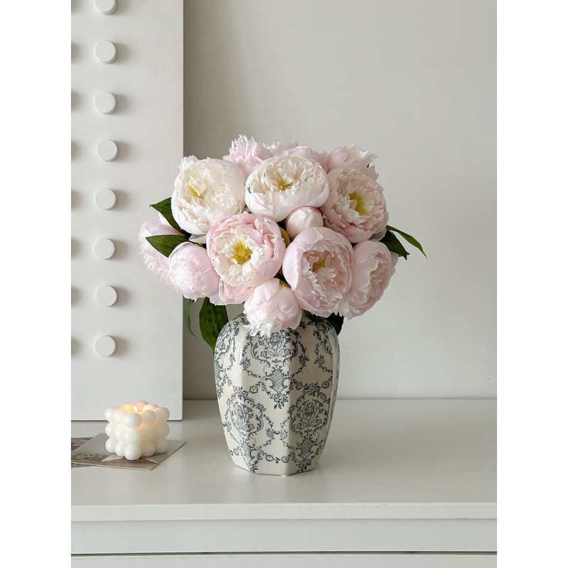 Nuevo jarrón de cerámica azul china nueva decoración de estilo chino sala de estar floral decoración de vestíbulo de estilo antiguo peonía floral