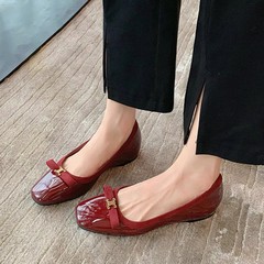 羊皮~葡萄妈同款内增高4cm贵气金扣蝴蝶结方圆头浅口平底鞋女单鞋