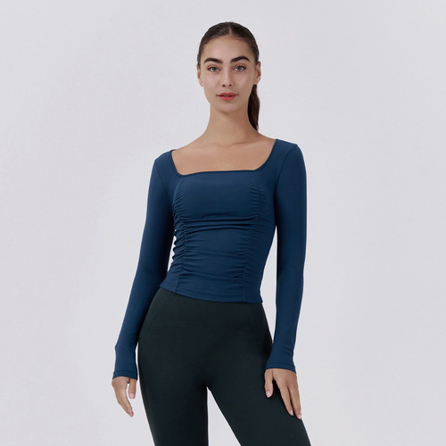 新款秋冬瑜伽服女紧身修身褶皱长袖健身上衣跑步透气运动健身服