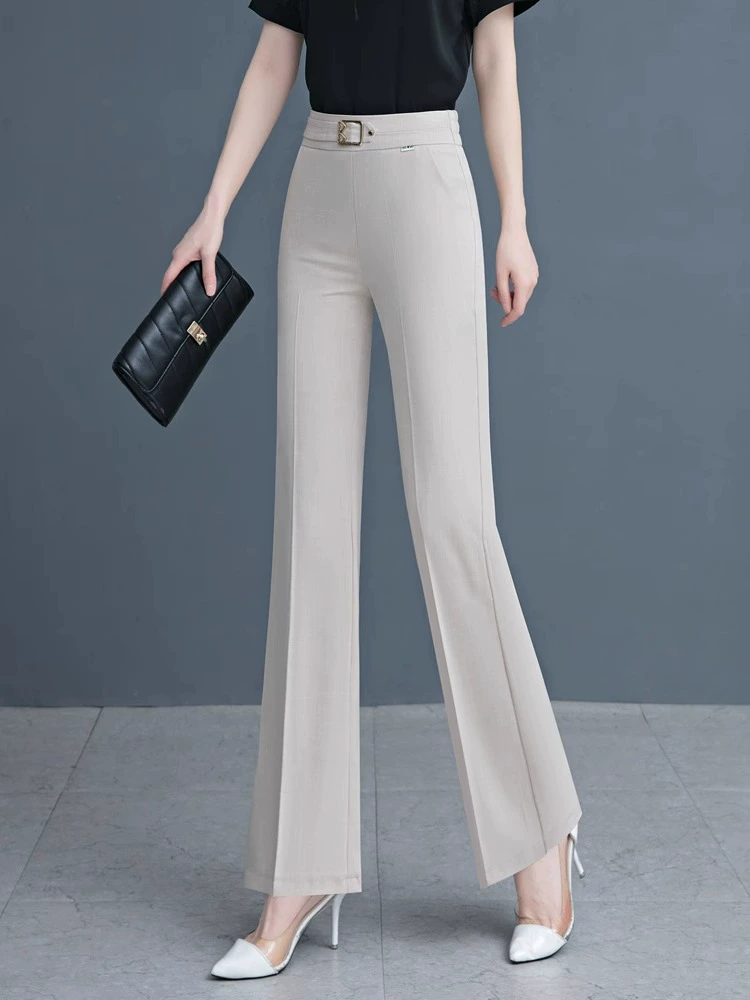 Брюки с микро-клеш, льняные брюки из ледяного шелка для женщин, новая мода лета 2025 года, тонкий стиль, стройнящий вид, высокая талия, для маленьких людей