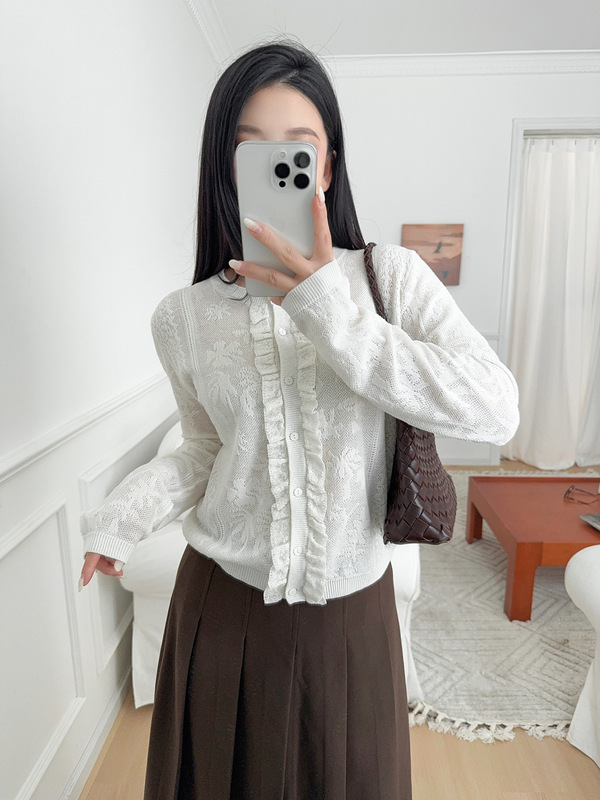 MD25秋冬法式蕾丝提花长袖镂空针织开襟衫女白色开衫 05795931712|undefined