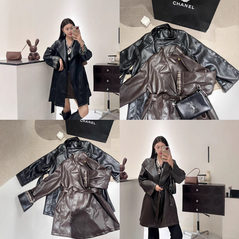 金属丝蛋白皮 极简松弛拼格纹皮风衣外套女|undefined