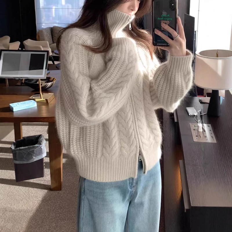 Korean-Style Retro Heavy Thick Pure Wool Sweater for Women, Cable Knit Double Zipper Loose Cardigan Sweater Coat Top