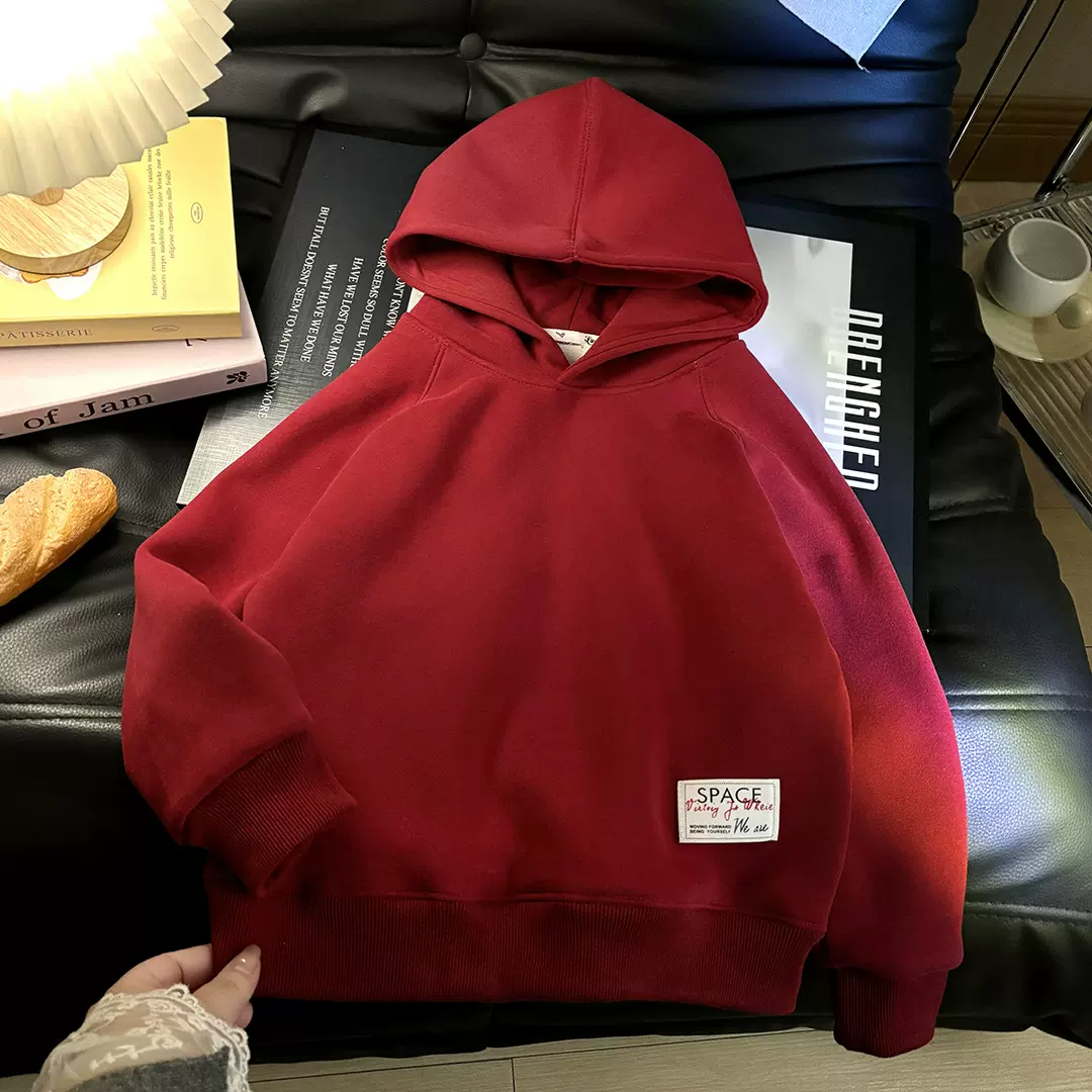 亲子装一家三口马年新年衣服儿童加绒卫衣成人青少年童装红色全家
