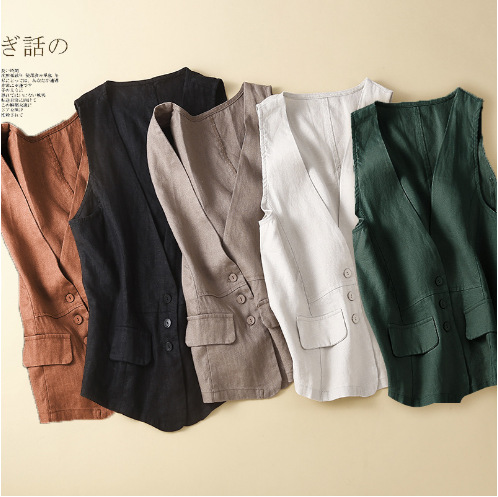 5色入棉麻马甲无袖上衣新款V领休闲背心薄款外穿外套女透气