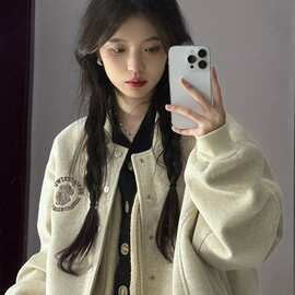 美式oversize毛呢外套女春秋设计感小众秋冬季加厚韩系短款棒球服