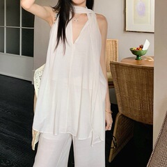 韓国ファッション甘いノースリーブVネックホルターリボンハイエンドトップ夏ルーズカジュアルワイドレッグパンツスーツ