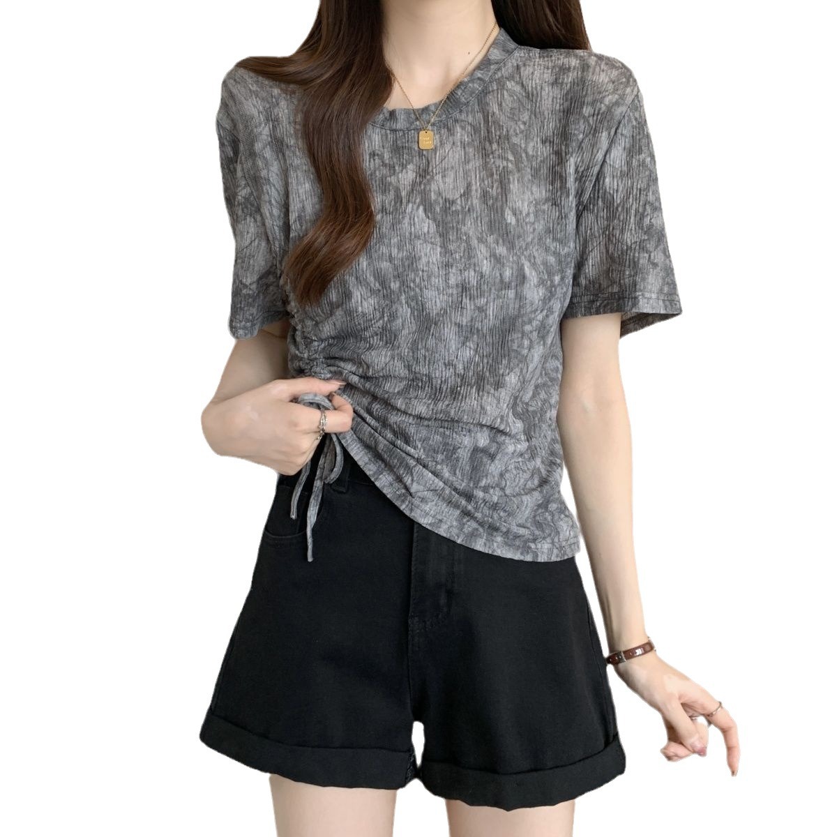 Camiseta de manga corta con cordón de teñido anudado de tinta de estilo nacional de gran tamaño para mujer verano nuevo estilo suelto y delgado top de hombro de tendencia para mujer image 6