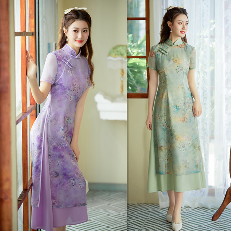 長款奧黛旗袍2025春夏新款改良民族風年輕女士日常奧黛旗袍裙批發