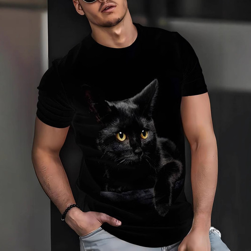 ladaza Cross-border 3D Digital Men's Short-sleeve European and American Cat Animal Pattern T-shirt Summer Breathable Sweat-proof Top