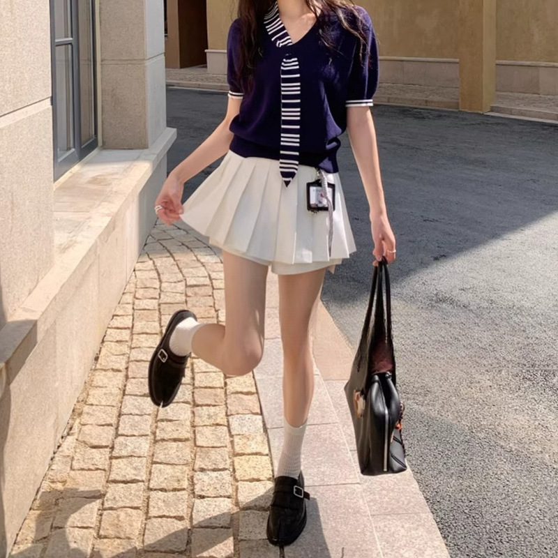 Casual Korean-Style Striped Ribbon Sailor Collar Short-Sleeve T-Shirt Knit Top for Women, New Summer Slim-Fit Navy Blue Top Casual Korean-Style Striped Ribbon Sailor Collar Short-Sleeve T-Shirt Knit Top for Women, New Summer Slim-Fit Navy Blue Top
