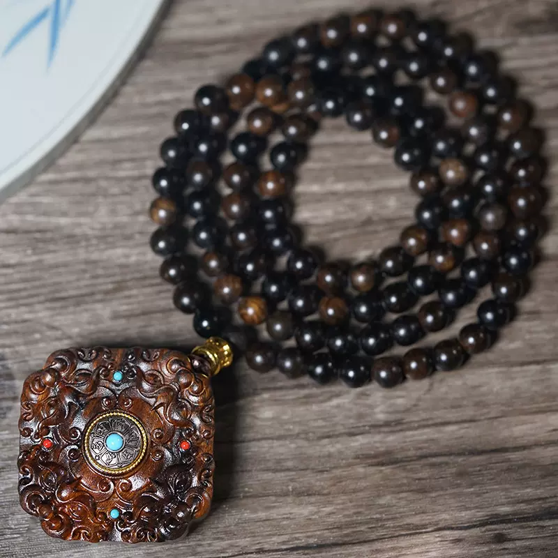 精雕沉贵宝项链文玩手串佛珠八方来财民族风饰品木串文玩念珠批发